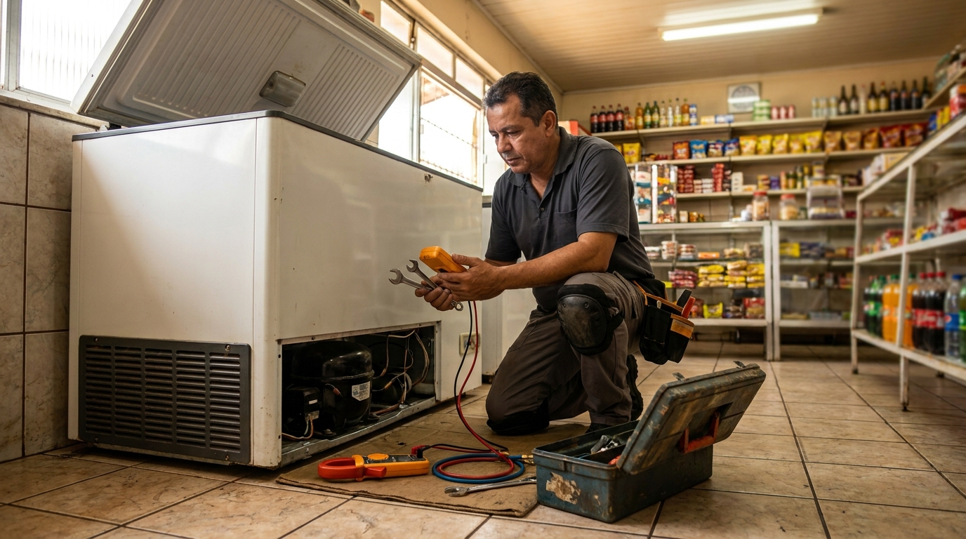 Técnico realizando manutenção de motor de freezer em Palmas‑TO