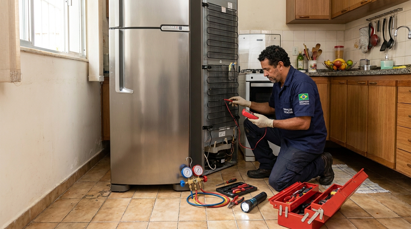 Técnico realizando manutenção de motor de geladeira em Palmas‑TO